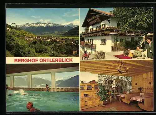 AK Schluderns, Ortsansicht und drei Ansichten vom Berghof Ortlerblick