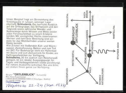 AK Schluderns, Ortsansicht und drei Ansichten vom Berghof Ortlerblick