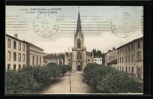 AK Pontcharra-sur-Turdine, La Place - L`Èglise - La Mairie
