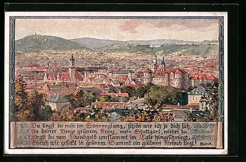 Künstler-AK Stuttgart, Gesamtansicht aus der Vogelschau mit Spruch