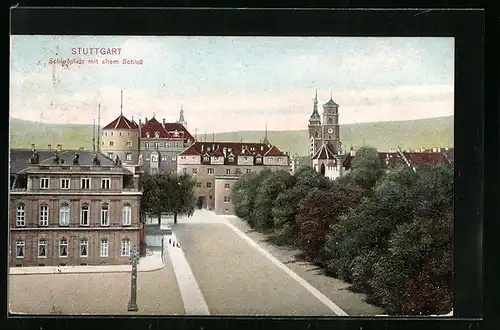 AK Stuttgart, Schlossplatz mit altem Schloss