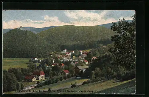 AK Bad Thal i. Thür., Blick von der Tropfsteinhöhle mit der Ruine Scharfenburg