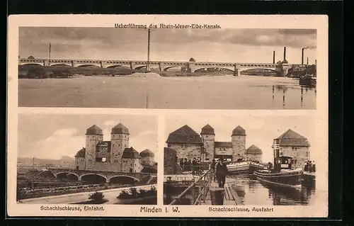AK Minden i. W., Überführung des Rhein-Weser-Elb-Kanals, Einfahrt u. Ausfahrt Schachtschleuse