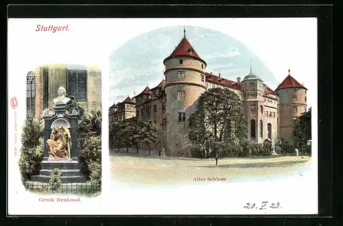 AK Stuttgart, Altes Schloss und Gerok-Denkmal
