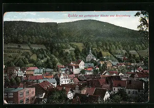 AK Ruhla in Thür., Ortsansicht mit gothaischer Kirche und Breitenberg