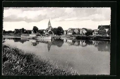 AK Lüchtringen /Weser, Blick über den Fluss zum Ort mit Dampfer