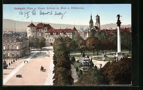 AK Stuttgart, Altes und Neues Schloss mit Blick a. Stiftskirche