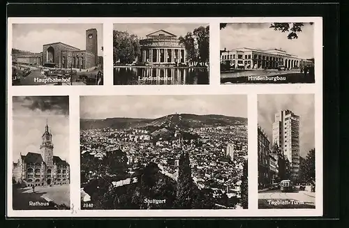 AK Stuttgart, Ortsansicht, Hindenburgbau, Landestheater, Tageblatt-Turm, Rathaus, Hauptbahnhof