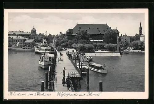 AK Konstanz am Bodensee, Hafenpartie mit Konzil