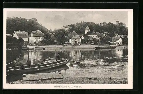 AK Herstelle a. d. Weser, Ortsansicht über den Fluss gesehen