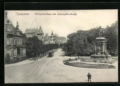 AK Hannover, Kriegerdenkmal mit Strassenbahn inder Hohenzollernstrasse