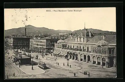 AK Nice, Place Massèna et Casino Municipal, Strassenbahn