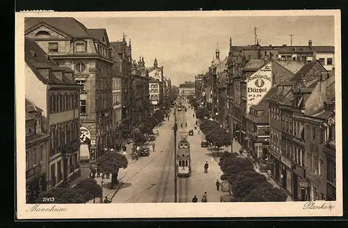 AK Mannheim, Strassenbahn in Planken aus der Vogelschau