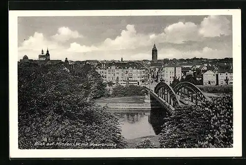 AK Minden i. W., Ortsansicht mit Strassenbahn auf der Weserbrücke