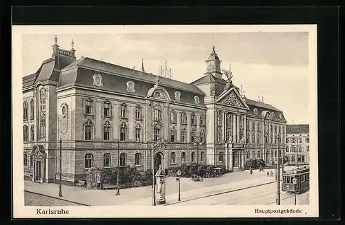 AK Karlsruhe, Strassenbahn vor dem Hauptpostgebäude