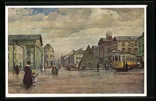 Künstler-AK Karlsruhe, Strassenbahn auf dem Marktplatz