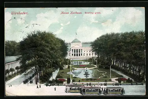 AK Wiesbaden, Neues Kurhaus mit Strassenbahnen