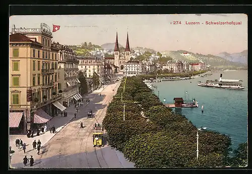 AK Luzern, Schweizerhofquai mit Strassenbahn aus der Vogelschau