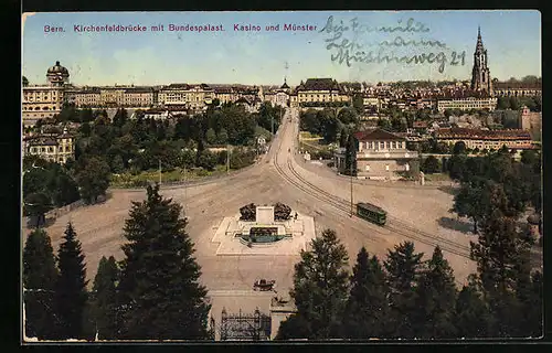 AK Bern, Kirchenfeldbrücke mit Bundespalast, Kasino, Münster und Strassenbahn