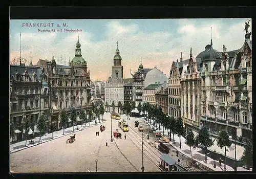 AK Frankfurt a. M., Rossmarkt mit Neubauten und Strassenbahnen