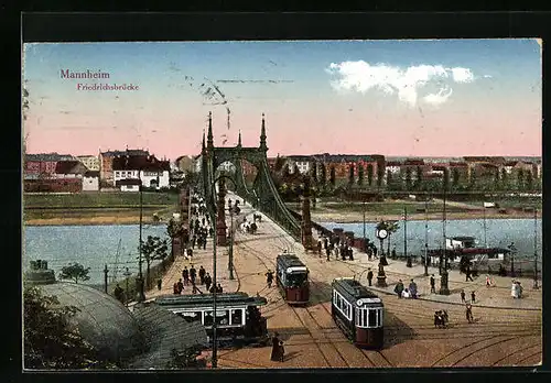 AK Mannheim, Strassenbahnen an der Friedrichsbrücke