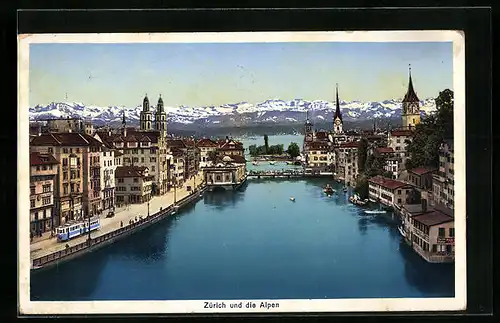 AK Zürich, Gesamtansicht mit Alpen und Strassenbahn