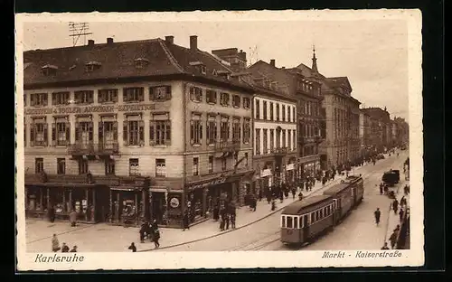 AK Karlsruhe, Markt mit Strassenbahn in der Kaiserstrasse