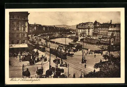 AK Wien I., Schwedenplatz mit Strassenbahnen