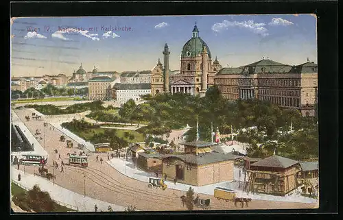 AK Wien IV., Karlsplatz mit Karlskirche und Strassenbahnen