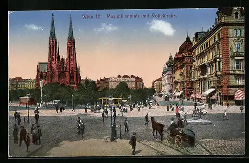 AK Wien IX., Maximilianplatz mit Votivkirche und Strassenbahn