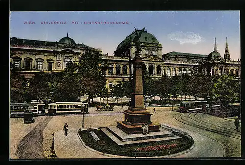 AK Wien, Universität mit Liebenbergdenkmal und Strassenbahn