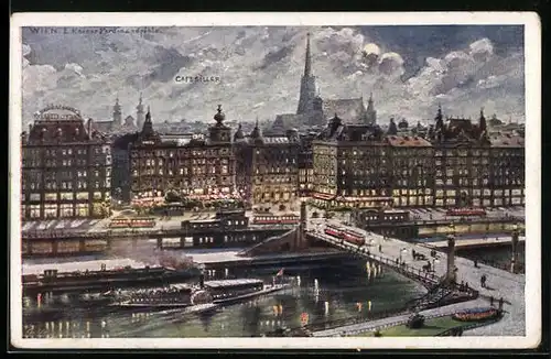 Künstler-AK Wien, Kai, Schwedenbrücke mit Strassenbahnen und - Platz