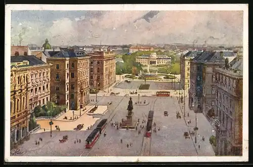 Künstler-AK Wien I., Schwarzenbergplatz mit Strassenbahnen