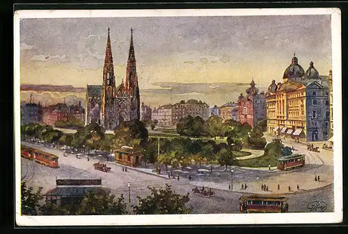 Künstler-AK Wien, Maximilianplatz mit Votivkirche und Strassenbahnen