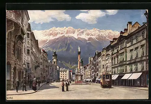 Künstler-AK Innsbruck, Strassenbahn in der Maria Theresienstrasse