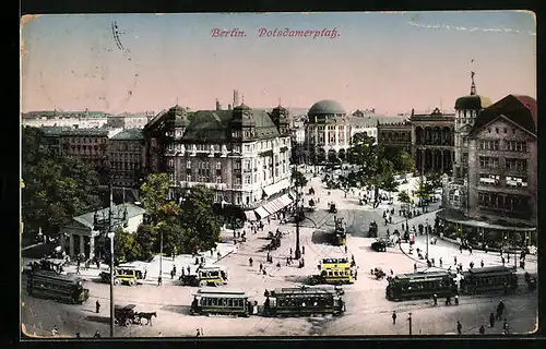 AK Berlin, Strassenbahnen auf dem Potsdamerplatz