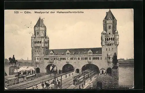 AK Cöln, Strassenbahn am Westportal der Hohenzollernbrücke