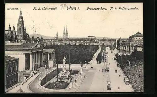 AK Wien I., Parlament, K. k. Universität, Franzensring mit Strassenbahn und Hofburgtheater