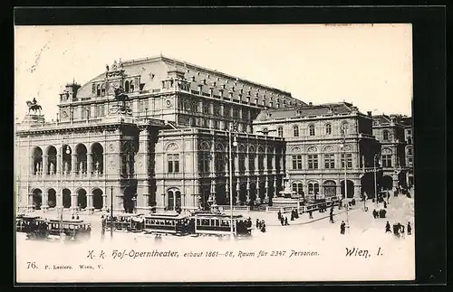 AK Wien I., K. k. Hof-Operntheater mit Strassenbahnen