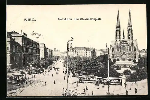 AK Wien, Votivkirche und Maximilianplatz mit Strassenbahnen