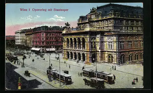 AK Wien I., Opernring mit Staatsoper und Strassenbahnen