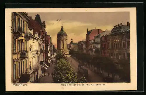 AK Mannheim, Heidelberger-Strasse mit Strassenbahn und Wasserturm