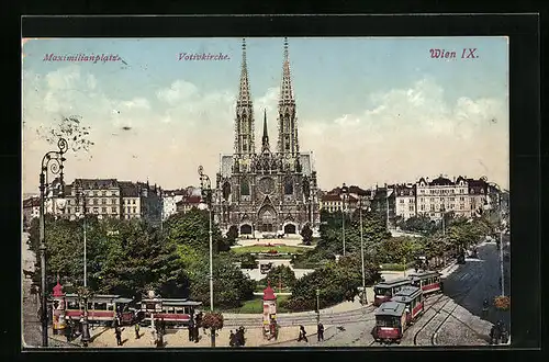 AK Wien IX., Maximilianplatz mit Votivkirche und Strassenbahnen