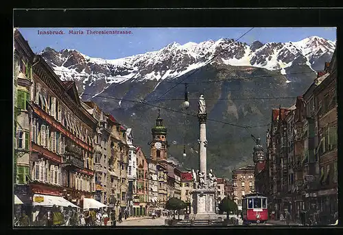 AK Innsbruck, Strassenbahn in der Maria Theresienstrasse