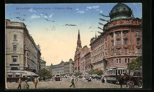 AK Budapest, Elisabeth-Ring mit Strassenbahnen