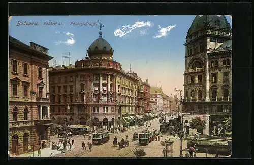 AK Budapest, Ràkòczi-Strasse mit Strassenbahnen