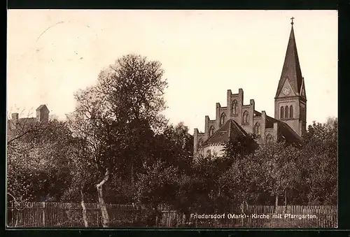AK Friedersdorf / Mark, Kirche mit Pfarrgarten