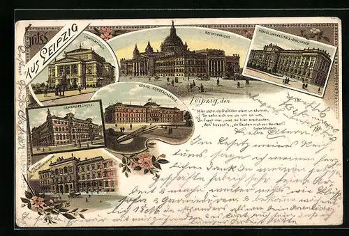 Lithographie Leipzig, Königliche Kunstakademie, Reichsgericht, Konzerthaus