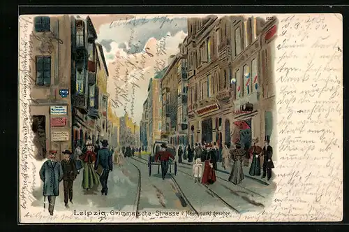 Lithographie Leipzig, Grimmaische-Strasse mit Geschäften v. Naschmarkt gesehen