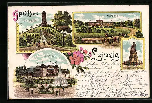 Lithographie Leipzig, Rennbahn, Palmengarten, Scherbelberg mit Aussichtsturm